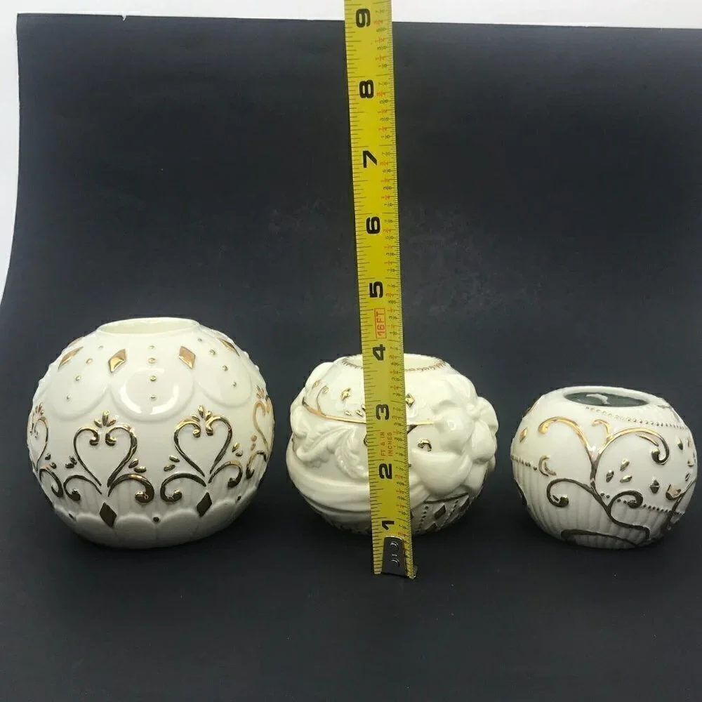 Vintage 90s Otagiri 3 Round Porcelain Tea Light Candle Holders Gold Accent